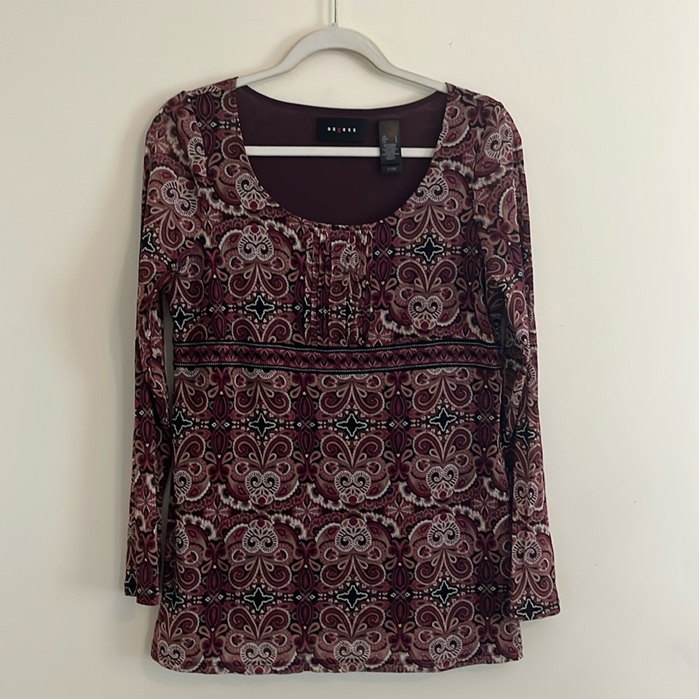 Vintage Axcess Boho Babydoll Top Mesh Sheer Paisley y2K‎ Pintuck Burgundy 2000s
